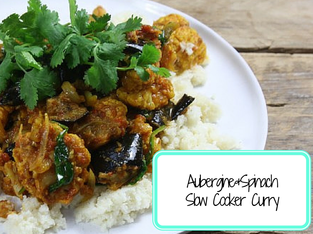 Picture of the curry with white rice, fresh coriander on top and the recipe title in the corner