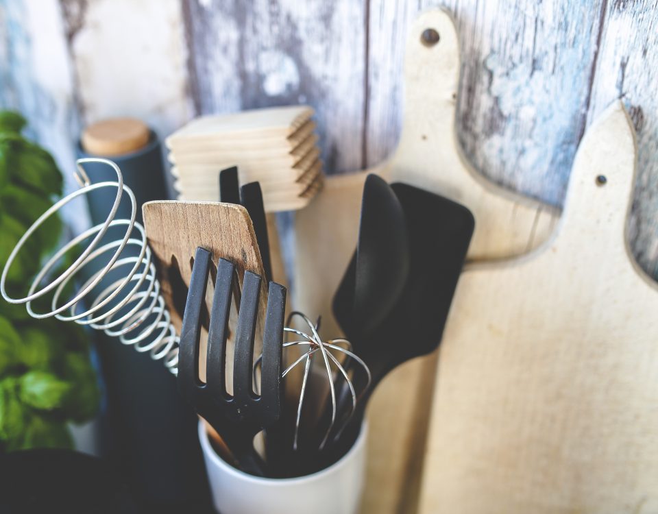 Kitchen utensils and chopping boards