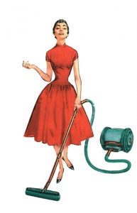 cartoon woman in a red dress hoovering