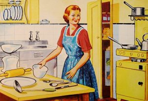 cartoon woman in a kitchen cooking