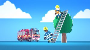 2 firemen up a ladder against a tree with fire truck in the background all toys