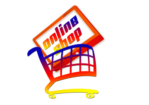 cartoon shopping cart with an online shop sign inside