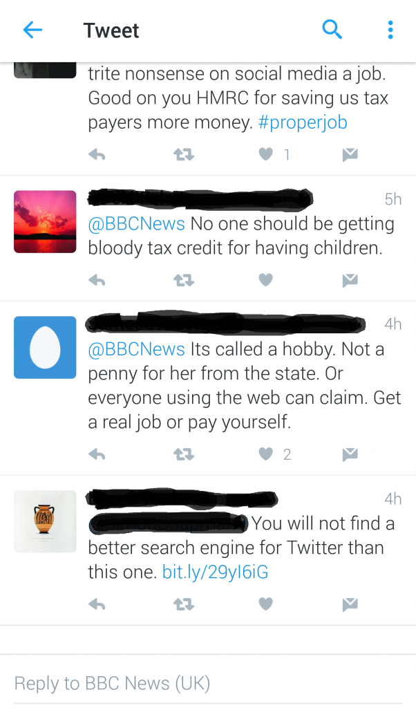 screen shot of comments left on bbv news tweet by trolls