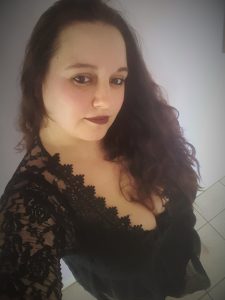 me hair down in black lace dress