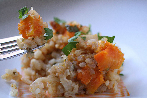 plate with butternut squash risotto and a fork in it