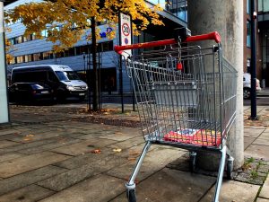 shopping cart against a lampost