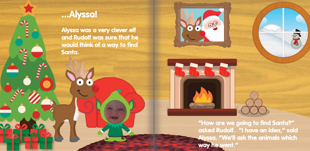 souble spread from the book with Alyssa as an elph next to a fireplace and tree