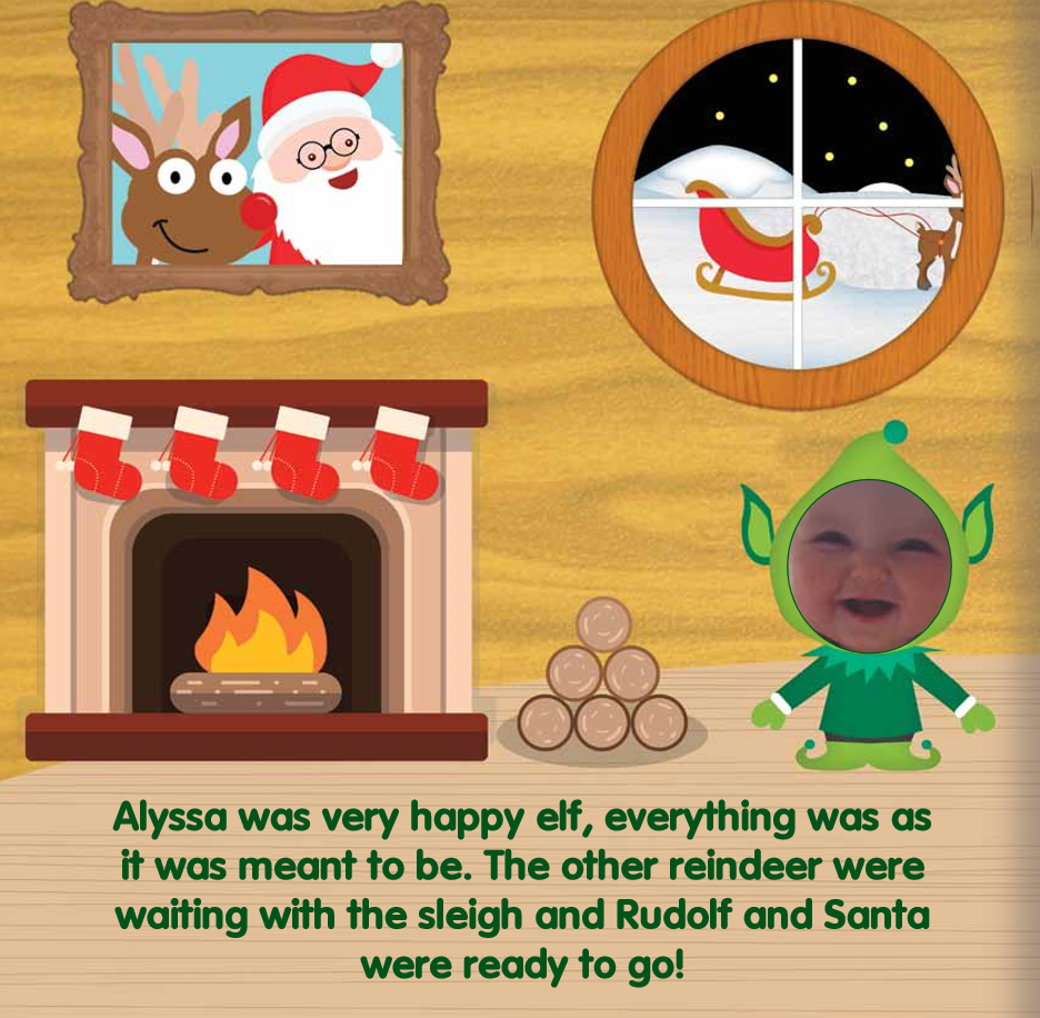 Alyssa elf stood next to the fireplace with santa and rudolph outside flying away on the sleigh