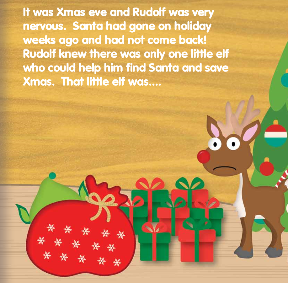 a page of the book with rudolph next to presents looking very worried