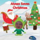 Alyssa as an elf with santa on his sleigh and rudolph next to a christmas tress surrounded by snow