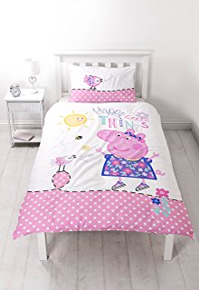 white wood floor white wooden slatted bed frame with a white bedside table and lamp and a multicoloured peppa pig duvet on it