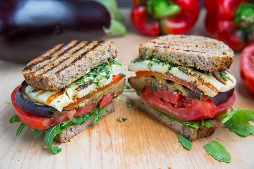 red pepper and haloumi and aubergine in a sandwich cut open