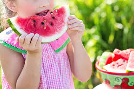 little girl in a pink gingham dress taking a bite out of the middle of a wedge of watermelon and a bowl of it beside her and a green bush blurred in the background in sunshine
