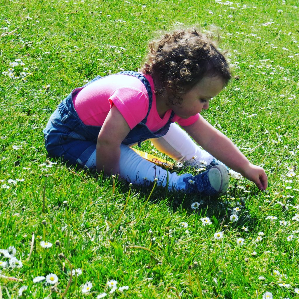 Alyssa on the grass picking daisies