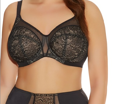 the torso of a tanned woman wearing a black lacy bra and pants