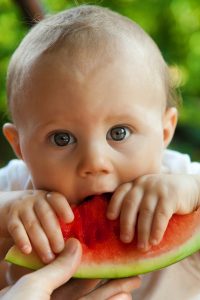 alittle baby looking at the camera holding a piece of watermelon with both hands and biting in between her hands