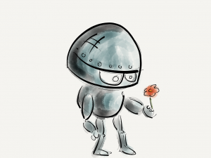 drawing of a robot holding a flower looking sad