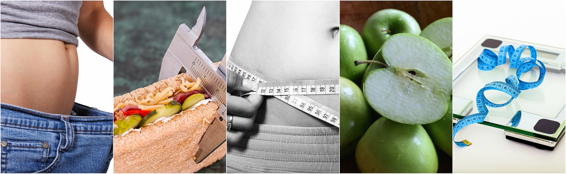 a set of four images that show a healthy sandwich, a stomach with a measuring tape round the middle, lots of green apples