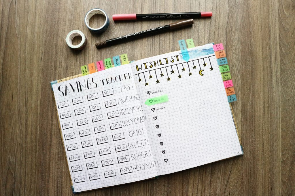 an open notebook being used for bullet journalling with a design for savings and coloured sticky tabs poking out on a wooden table with pens and tape above