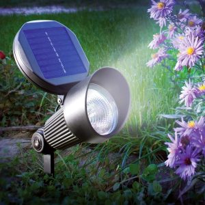 a solar light in a garden next to purple flowers