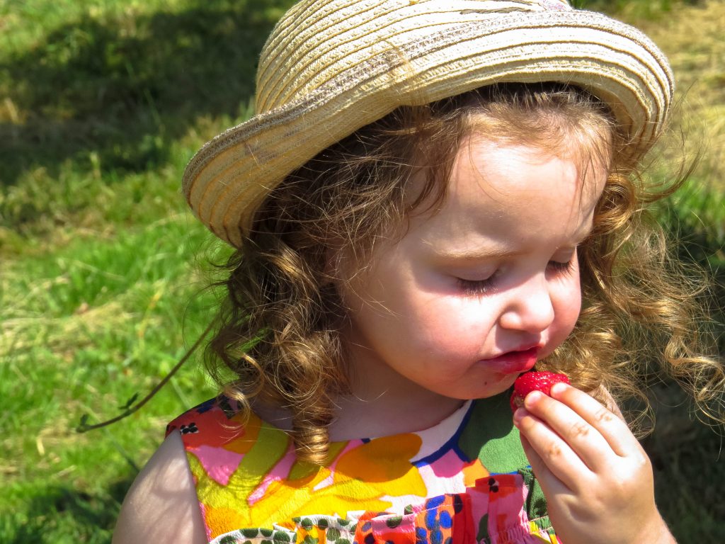 alyssa wearing a sunhat with her eyes closed enjoying a strawberry as the juice drips down her chin