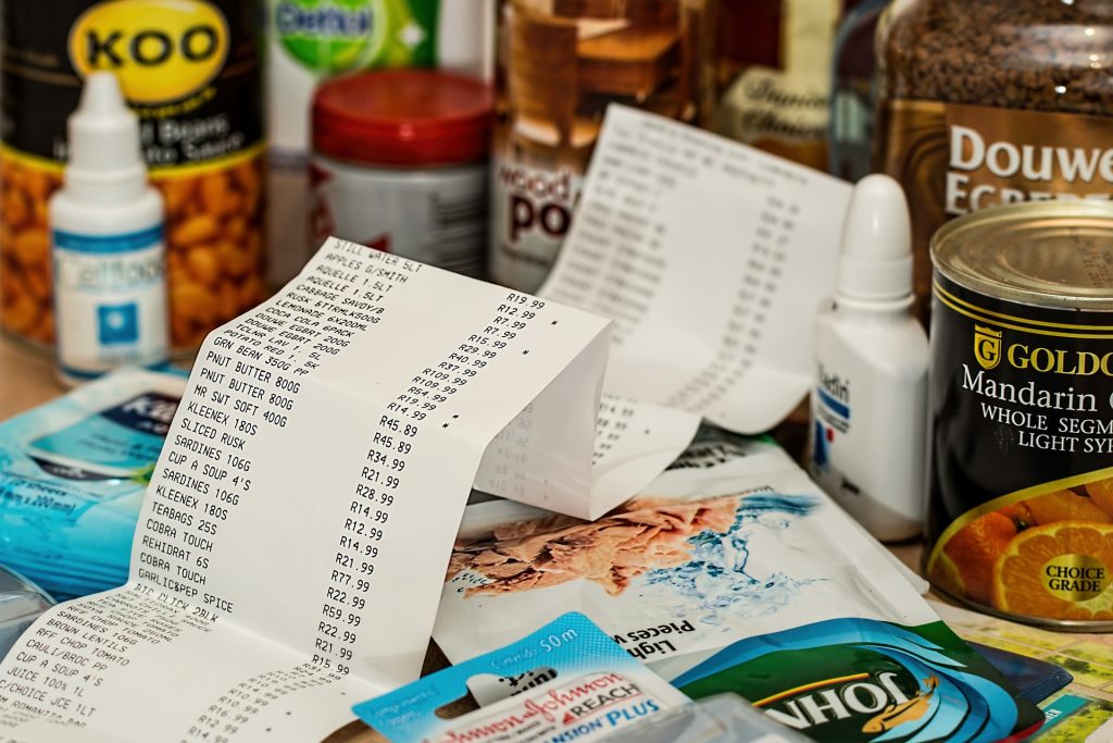 a shopping receipt with purchases all around