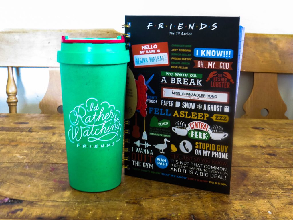 friends green travel mug and notebook