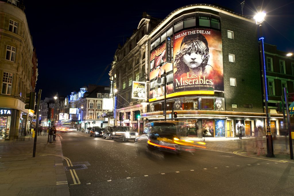 the west end lit up at night with theatre billboards