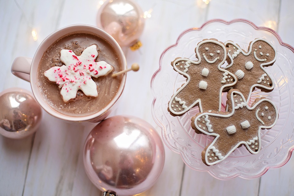 pink baubles mug of hot chocolate and gingerbread men