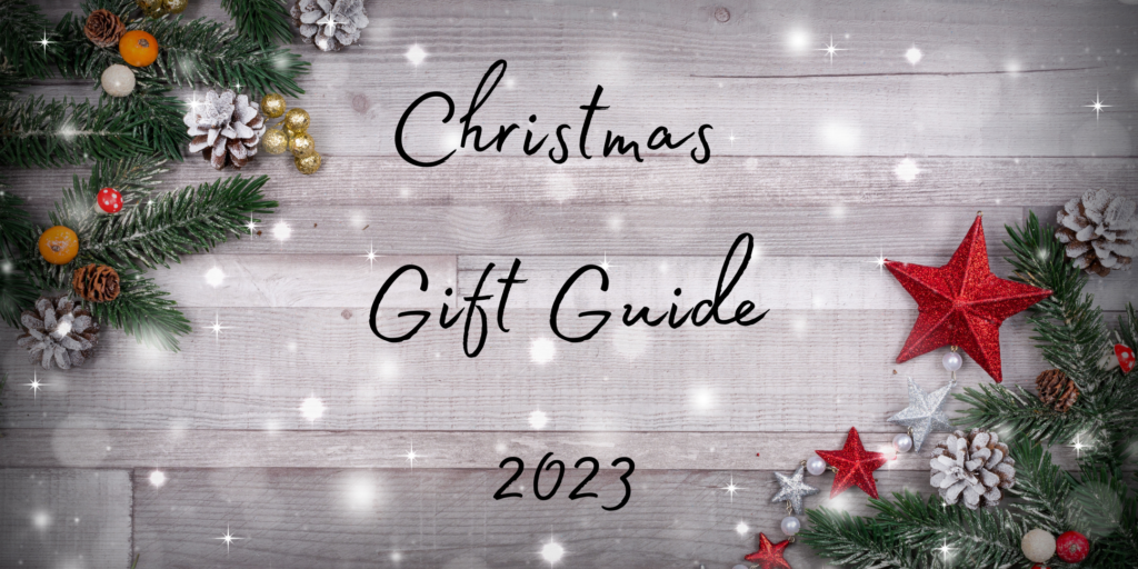 a christmas gift guide title image with wreaths